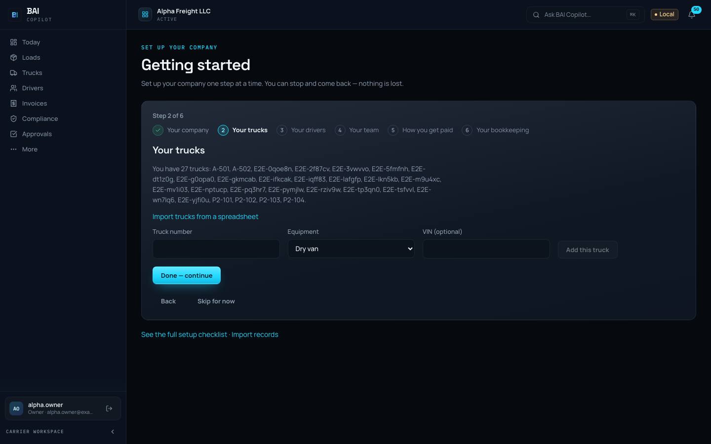 The Getting started page in BAI Copilot at step 2 of 6, “Your trucks”, with a link to import trucks from a spreadsheet and buttons to continue or skip for now.