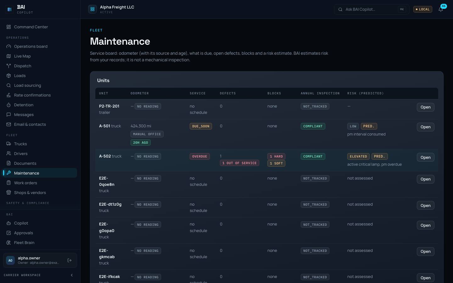 The Maintenance page in BAI Copilot showing service due, open defects and trucks held from driving.