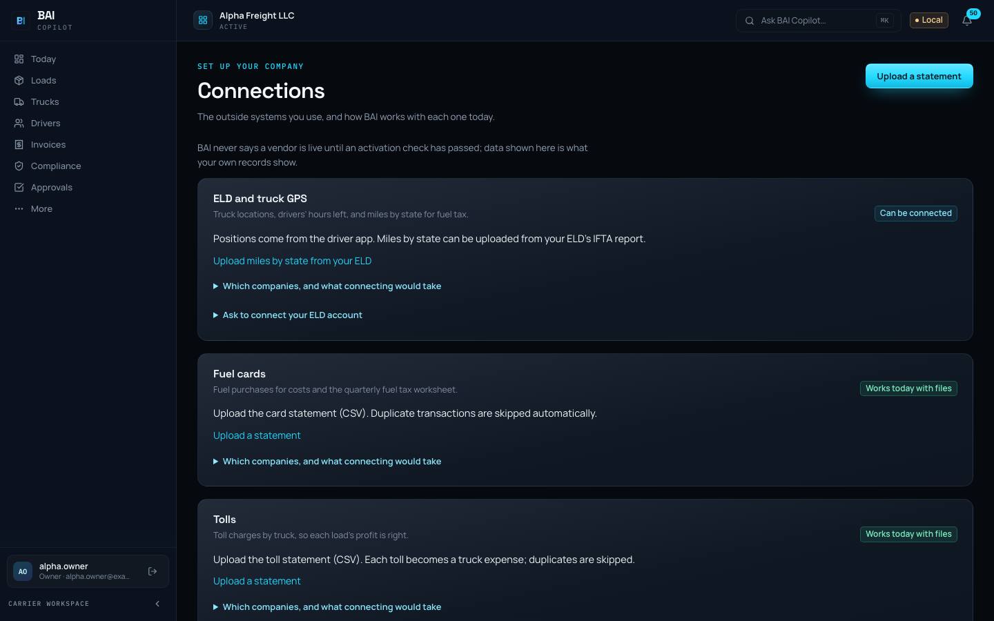 The Connections page in BAI Copilot: ELD and truck GPS, fuel cards and tolls, each with how it works today, such as uploading a statement file.