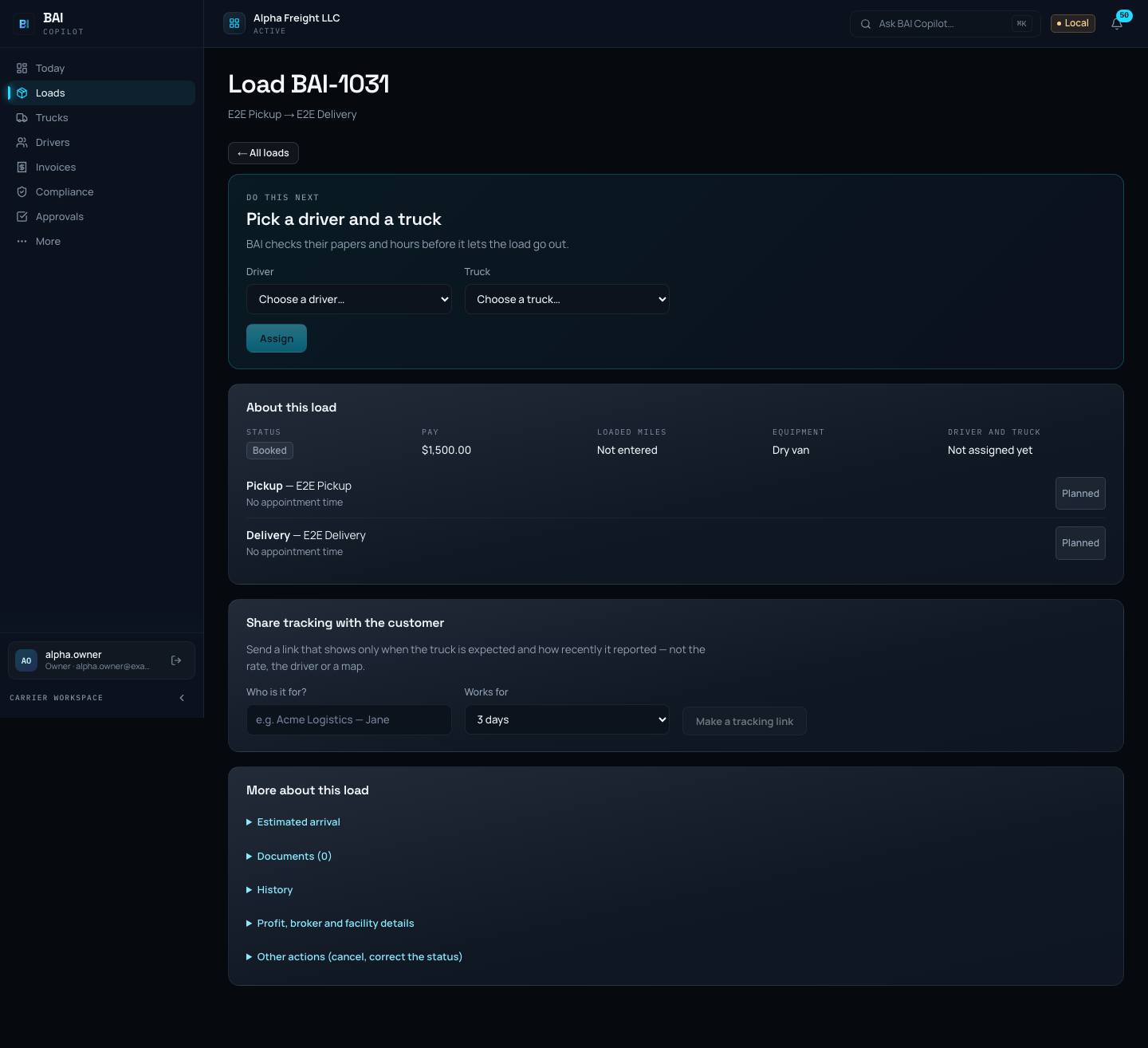 A load page showing its stops and the next step to take on that load.